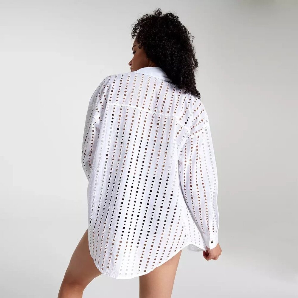 CALIA Women's Oversized Long Sleeve Button Down Swim Cover Up White Size XXS - Picture 5 of 7